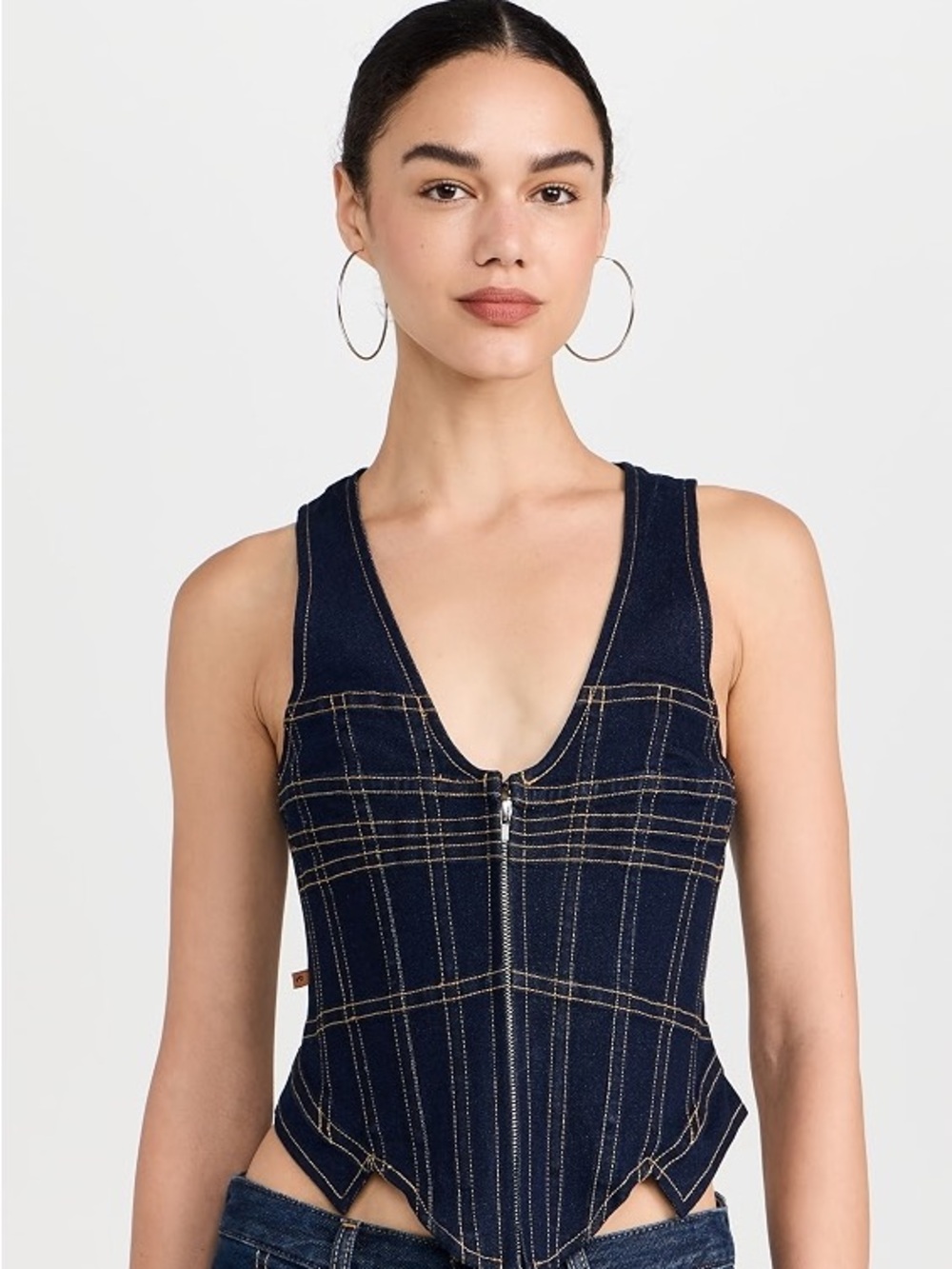 Miaou Dolly Corset Vest dark blue Zip-Front contrast stitching top